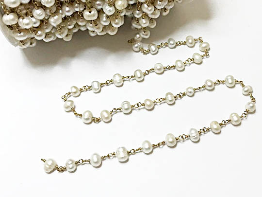 6mm White Freshwater Pearls Potato Large Wire Wrapped Chain, Antique Brass