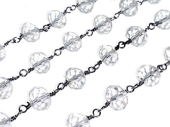 8mm Crystal Faceted Rondell Wire Wrapped chain by foot, Gunmetal Plated