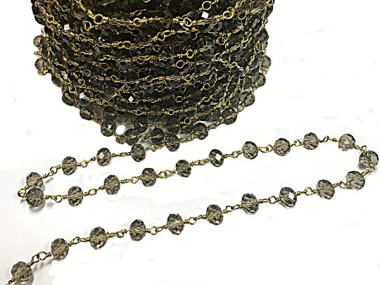8mm Smokey Quartz Crystal Faceted Rondell Wire Wrapped chain by foot, Gold Plated