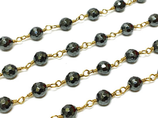 6mm titanium coated Hematite wire wrapped pyrite chain by foot, Antique Gold