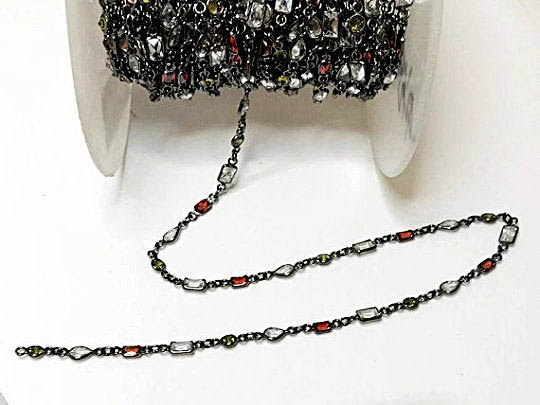 Bezelled CZ Chain, clear, yellow, and red Cubic Zirconia, gunmetal finish sterling silver