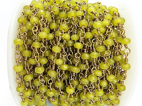 Bohemian Vintage Green Agate Ant Gold Brass Wire wrapped Chain By Foot  4mm Rondell Bead