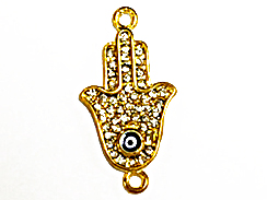 Micro Rhinestone Crystal Pave Set Hamsa 26mm Pave Hand of Fatima with Evil Eye Bling Connector Charms, Gold Plated