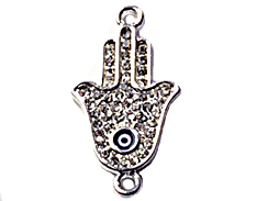 Micro Rhinestone Crystal Pave Set Hamsa 26mm Pave Hand of Fatima with Evil Eye Bling Connector Charms, Silver Plated
