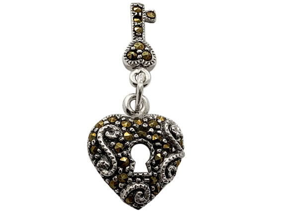 Sterling Silver Marcasite Heart with Key Pendant