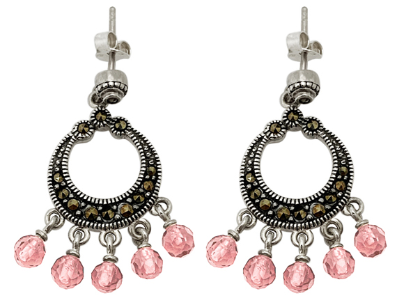 Sterling Silver Marcasite Earrings Pair with Pink Beads