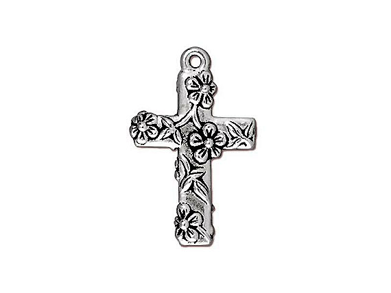 10 - TierraCast Pewter Charm Floral Cross Antique Silver Plated