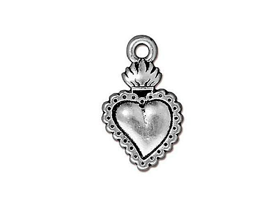 10 - TierraCast Pewter DROP Sacred Heart Milagro, Antique Silver Plated 