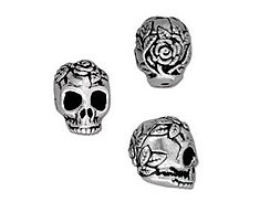 10 - TierraCast Pewter BEAD Rose Skull Vertical Hole Antique Silver Plated