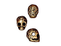 10 - TierraCast Pewter BEAD Rose Skull Large Hole Antique Gold Plated