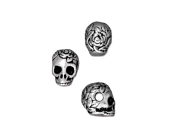 10 - TierraCast Pewter BEAD Rose Skull Large Hole Antique Silver Plated