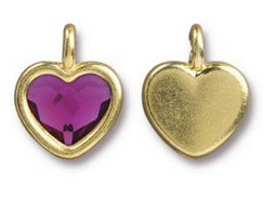 TierraCast Bright Gold Plated Pewter Heart  Bezel Charm with Swarovski Stone - Fuchsia