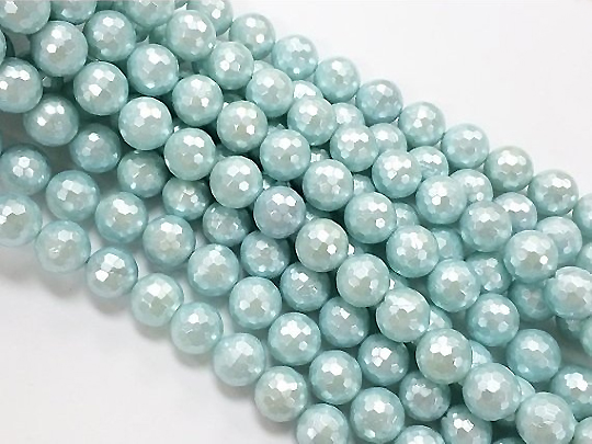 12mm Aqua Blue Faceted Round Shell Pearl Bead Full Strand 