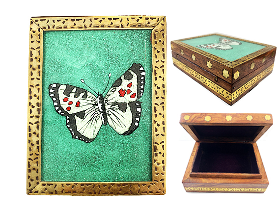 Vintage Gemstone Powder Brass Inlay Indian Jewelry Trinket Wooden Box - Green Butterfly