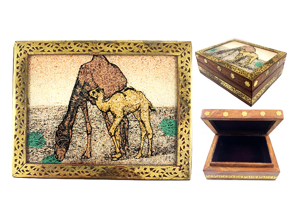 Vintage Gemstone Powder Brass Inlay Indian Jewelry Trinket Wooden Box - Camel