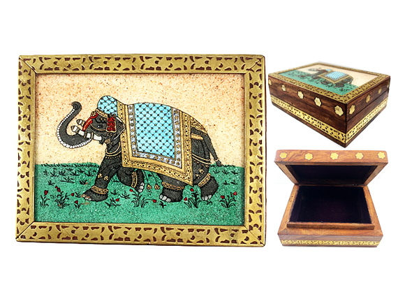 Vintage Gemstone Powder Brass Inlay Indian Jewelry Trinket Wooden Box - Left - Blue Elephant