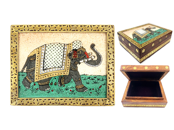 Vintage Gemstone Powder Brass Inlay Indian Jewelry Trinket Wooden Box - Right - Green Elephant