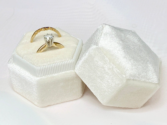 Proposal Ring Box Velvet Vintage Handmade Bride' s Ring Bearer Box, Ivory Color, Hexagon, hold 2 Rings