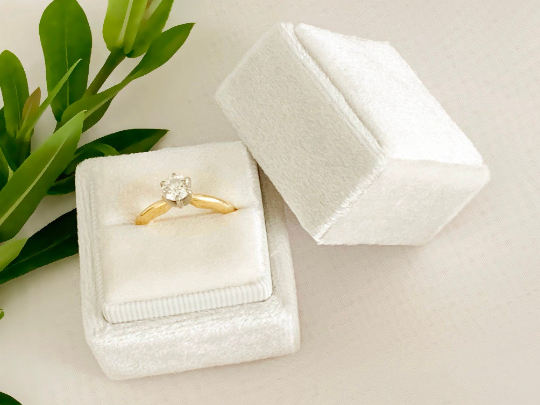Proposal Ring Box Velvet Vintage Handmade Bride' s Ring Bearer Box, Ivory Color, Square, hold 1 Ring