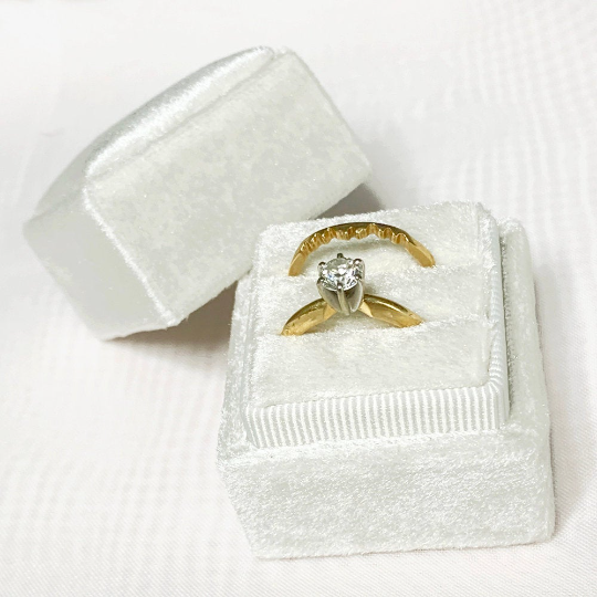 Proposal Ring Box Velvet Vintage Handmade Bride' s Ring Bearer Box, Ivory Color, Square, hold 2 Rings