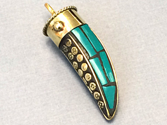 Tibetan Horn Pendant, Turquoise Blue Mosiac Inlay, flower dotted brass design, Amulet pendant