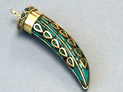 Turquoise and Gold Tibetan Mosiac Brass Horn Tusk Amulet Pendant Large 3.5-inch