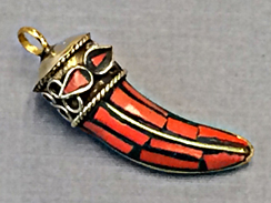 Tibetan Horn Pendant, Coral Red  Mosiac and Brass Inlay, 1.5-inch, Small Amulet pendant