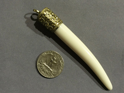 Extra Large Horn Tusk tooth Pendant with Antique Brass Cap Resin Ivory Finish 4 Inch