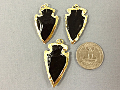 Black Obsidian 1.5" Approx. Arrowhead  Gold Plated Edged, Black Arrow Head Pendant