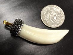 Pave Black Diamond Rhinestone Capped Shell Horn Tusk Pendant Cream Tibet Horn
