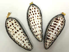 CZ Encrusted Carved Feather Polka Dot Shell Pendant 2.5 inch 24mm x 63mm 1 Pc