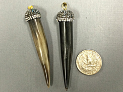 Pave Black Diamond Rhinestone Capped Black Brown Horn Tusk Pendant Tibetan Horn , 3 inch