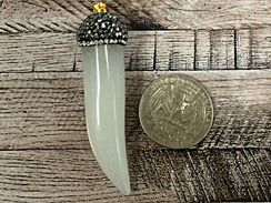 Pave Black Diamond Rhinestone Capped Agate Horn Tusk Pendant Cream, 2.25 inch, Tibet Horn