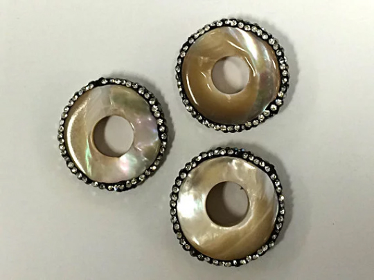 Mother of Pearl Druzy Connector Bead with Crystal Rhinestone Pave Focal Bead 23mm approx, 0.9mm Hole