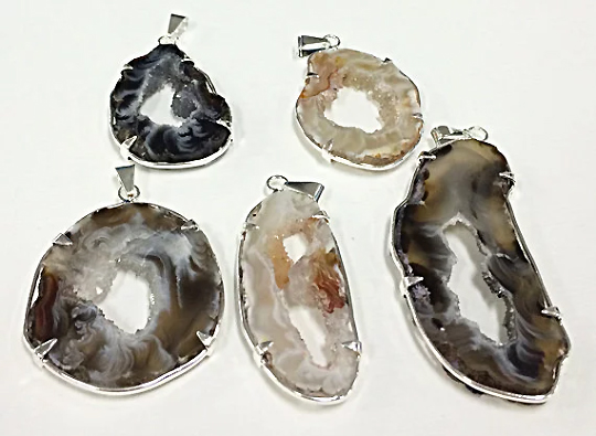 Prong Set Druzzy Agate Geode Slice Silver edged Pendant - DP9-Prong
