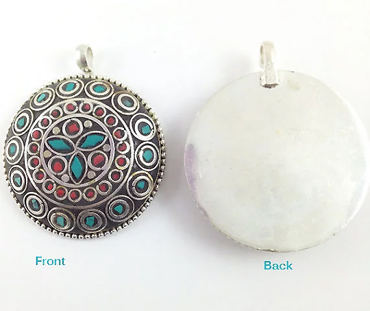 Tibetan Large Pendant Turquoise Coral inlay Silver Plated - TP03