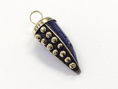 Tibetan Horn Tusk tooth Pendant Lapis Inlaid with brass dots and gold cap - TP100-LA