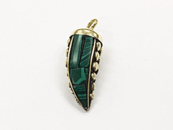 Tibetan Horn Tusk tooth Pendant Malachite Inlaid with brass dots and gold cap - TP100-ML