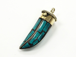 Tibetan Horn Tusk tooth Pendant Turquoise Inlaid with Brassgold Cap?2.5-inch