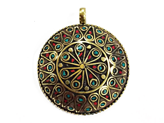Tibetan Large Pendant Turquoise Coral Inlay Gold Plated on Brass - TP11