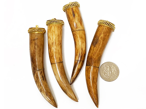 Brown Horn Tusk tooth Pendant with Brass Cap Antique Brown Extra Large 4 Inch 103mm x 22mm