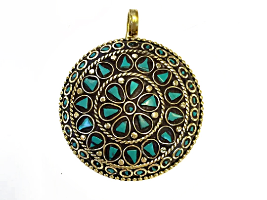 Tibetan Pendant Turquoise Inlay 2 Inch Gold Brass Plated - TP15large