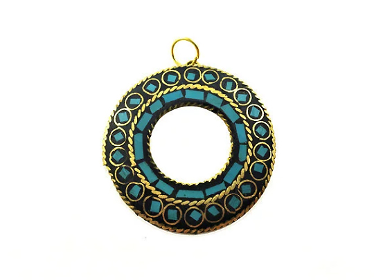 Tibetan Pendant Turquoise Inlay 1.5-inch Gold Brass Plated - TP16T