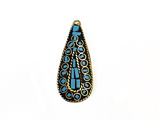 Tibetan Drop Pendant Turquoise Inlay 1.75-inch Gold Brass Plated - TP17