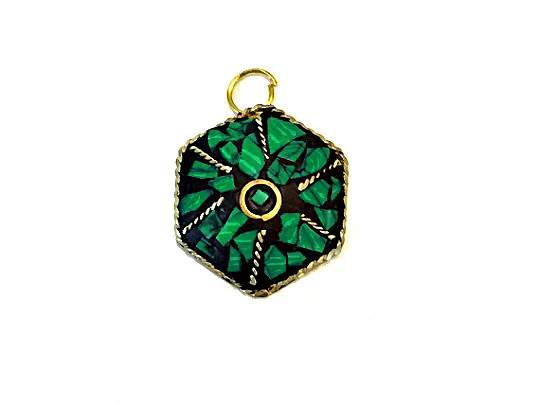 Tibetan Drop Pendant Green Malachite 1.75-inch Gold Brass Plated - TP18-Green