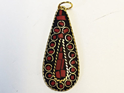 Tibetan Drop Pendant  Coral Inlay 1.75-inch Gold Brass Plated - TP18