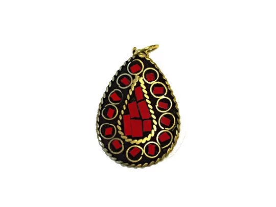Tibetan Drop Pendant Coral Inlay 1.25-inch Gold Brass Plated - TP19