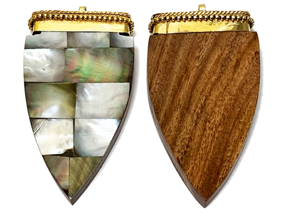 Tibetan Arrowhead Pendant, 3" White Mother of Pearl Inlay, Wood base, Arrow head Amulet pendant