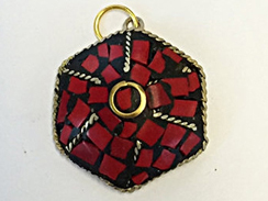 Tibetan Hexagon Pendant  Coral Inlay 1-inch Gold Brass Plated - TP23