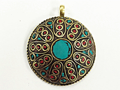 Tibetan Pendant Turquoise Coral Inlay 2-inch Gold Brass Plated - TP30
